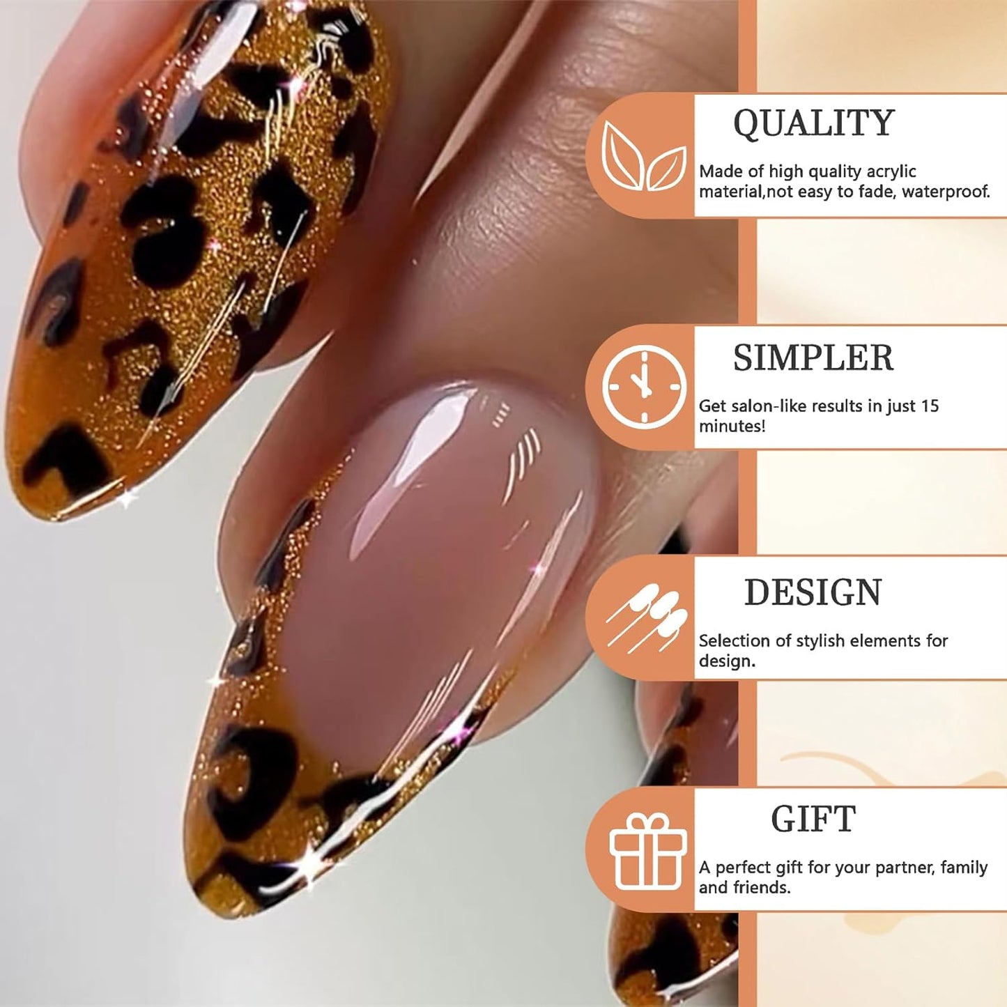 Glamrays Lot De 24 Faux Ongles À Coller, En Acrylique, Forme Amande, Taille Moyenne, Motif Léopard, Doré, Nude, Brillant, Couverture Complète De L’Ongle