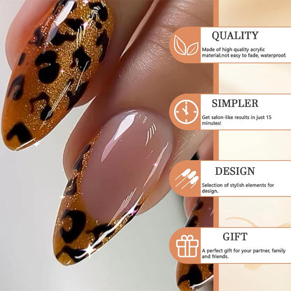 Glamrays Lot De 24 Faux Ongles À Coller, En Acrylique, Forme Amande, Taille Moyenne, Motif Léopard, Doré, Nude, Brillant, Couverture Complète De L’Ongle