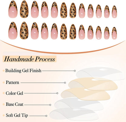 Glamrays Lot De 24 Faux Ongles À Coller, En Acrylique, Forme Amande, Taille Moyenne, Motif Léopard, Doré, Nude, Brillant, Couverture Complète De L’Ongle