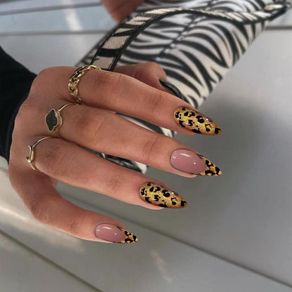 Glamrays Lot De 24 Faux Ongles À Coller, En Acrylique, Forme Amande, Taille Moyenne, Motif Léopard, Doré, Nude, Brillant, Couverture Complète De L’Ongle