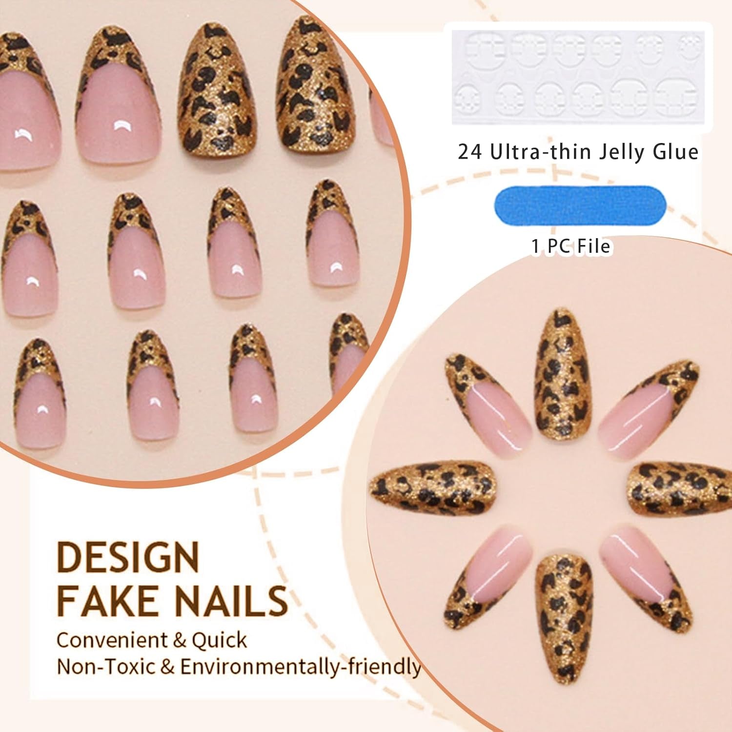 Glamrays Lot De 24 Faux Ongles À Coller, En Acrylique, Forme Amande, Taille Moyenne, Motif Léopard, Doré, Nude, Brillant, Couverture Complète De L’Ongle